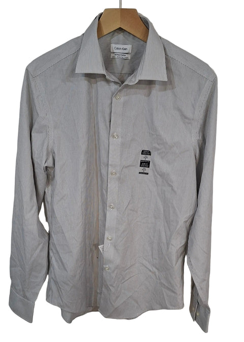 Calvin Klein Men's Gray Refined Cotton Stretch Slim Fit Stretch Wrinkle Free Striped Shirt |Calvin Klein In Lebanon