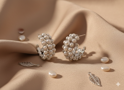 SD Women's Silver-Tone With White Pearl Hoops Earrings | SD In Lebanon