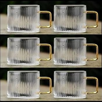 SD Pyrex Transparent Glass Stripped Coffee Cups Set With Gold Handle 6pcs  A-45 | SD In Lebanon