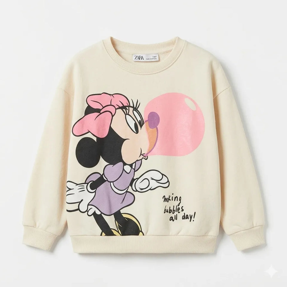 Zara Girl's Beige Minnie Mouse Making Bubbles All Day Graphic Crew Neck Sweatshirt|Zara in Lebanon