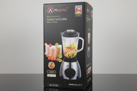 Black packaging of a food processor with visible branding on a surface.