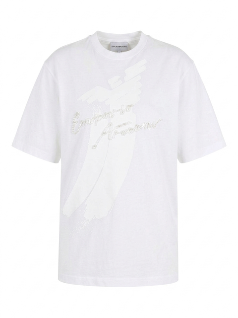 Emporio Armani Women's White Eagle Logo Sequin-Embellished T-Shirt | Emporio Armani In Lebanon