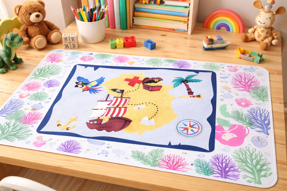 Colorful pirate-themed play mat on a wooden table with toys and stationery.