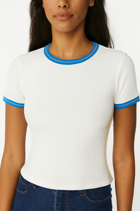 Forever 21 Women's White & Blue Ribbed Short Sleeveless Round Neck  T-Shirt | Forever 21 In Lebanon