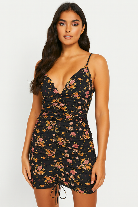 Forever 21 Women's Black Floral V-Neck Sleeveless Ruched Mini Dress | Forever 21 In Lebanon