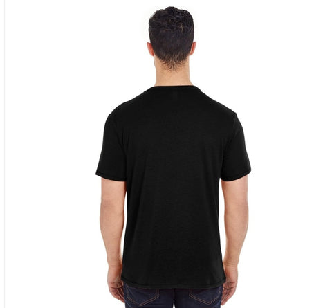 Person wearing a black t-shirt on a white background
