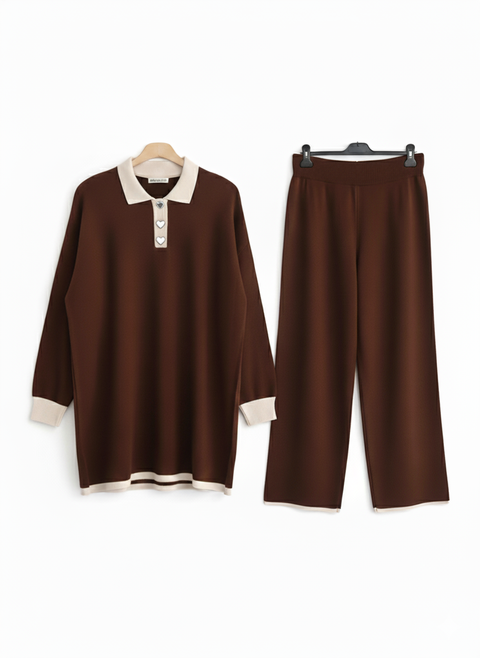Big Dart Women's Brown With Cream Color Polo Neck Knitted Set | Big Dart In Lebanon