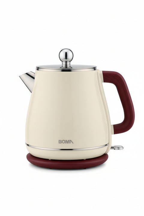 Electric kettle with red handle on a black box