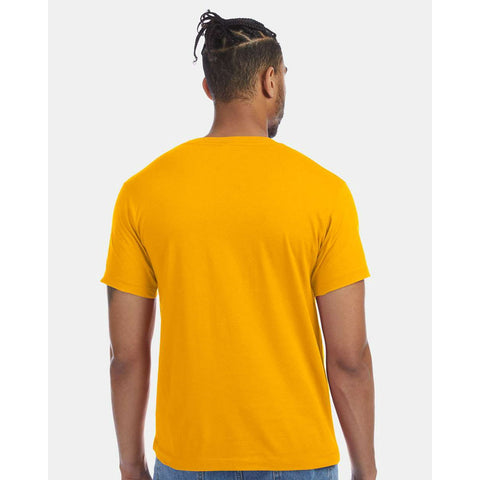 Person wearing a yellow t-shirt on a white background