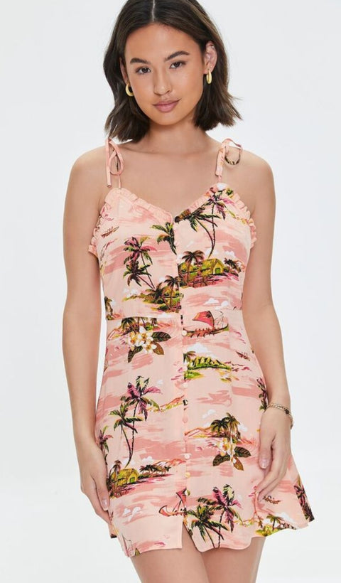 Forever 21 Women's Peach Printed Sleeveless Button Mini Dress | Forever 21 In Lebanon