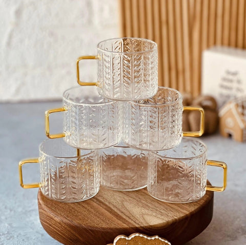 SD Pyrex Etched Glass Coffee Cups Set With Gold Handle 6pcs A-47 | SD In Lebanon