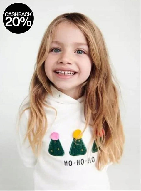 Young girl wearing a white sweater with Christmas tree designs and 'HO HO HO' text on a plain background