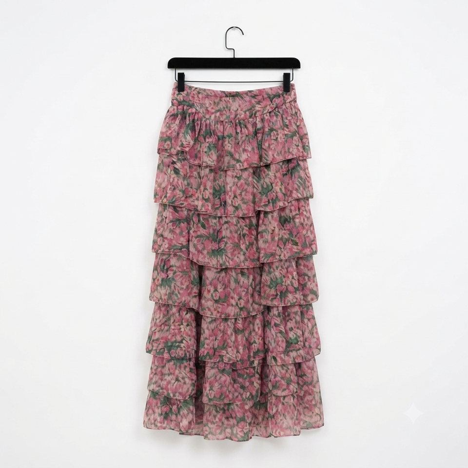 En Saison Women's Emerald Rose Twist Waist Ruffle Tiered Slit Maxi Skirt