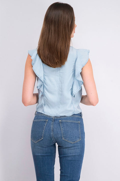 Mango Women's Light Blue Denim Ruffle Sleeveless Blouse |Mango In Lebanon