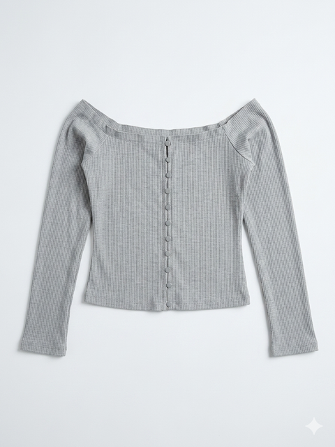Even & Odd Women's Gray Ribbed Long Sleeve Buttoned Off Shoulder Blouse|Even & Odd In Lebanon