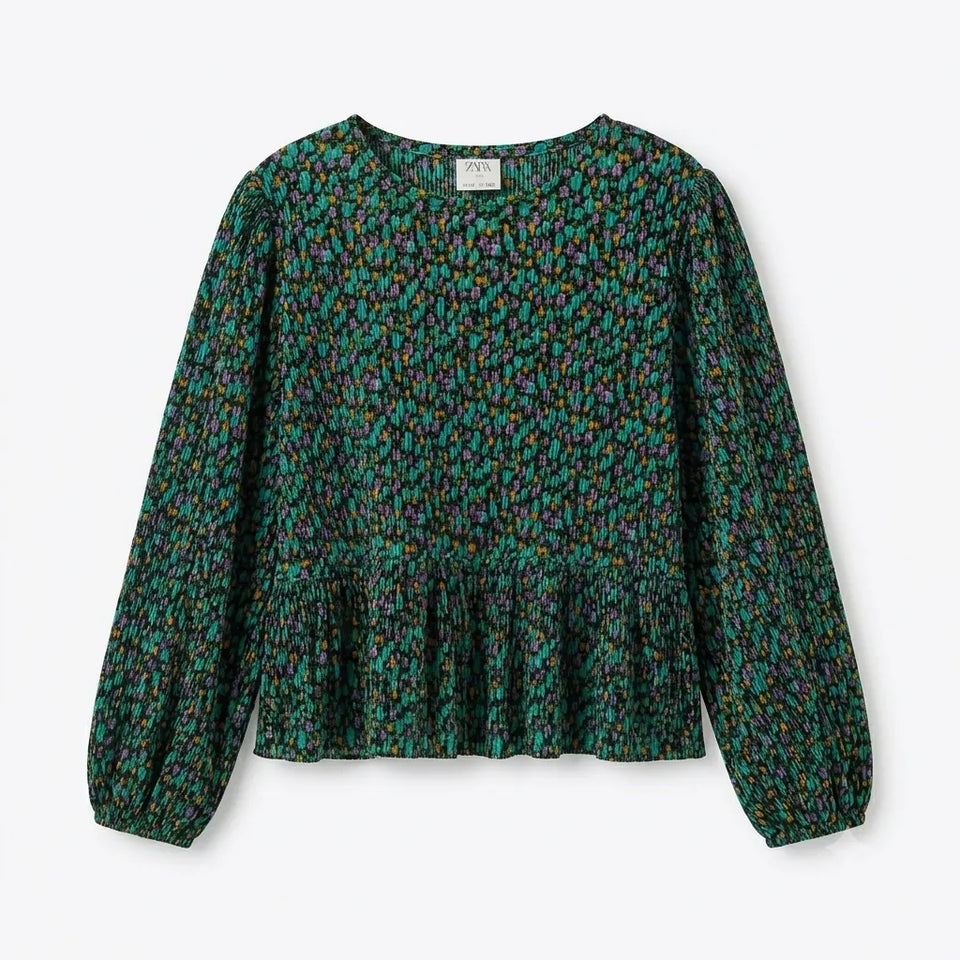 Zara Girl's Multicolor Floral Pleated Long Sleeve Peplum Top|Zara In Lebanon