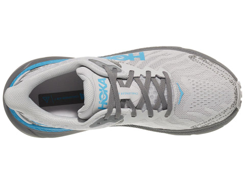 Gray running shoe with blue accents on a white background