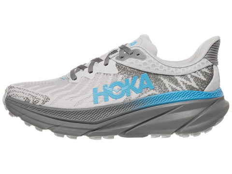 Gray and blue running shoe with 'Hoka' branding on a white background