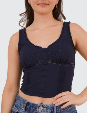 Self Esteem  Women's Navy Blue Embroidered V-Neck Tank Top |Self Esteem  In Lebanon