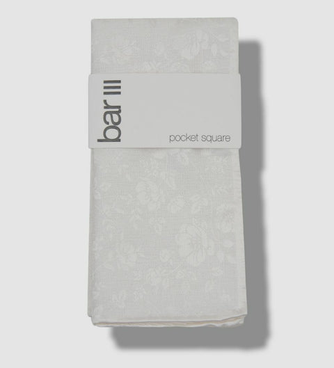 Folded gray pocket square with 'bar iii' branding on a light gray background