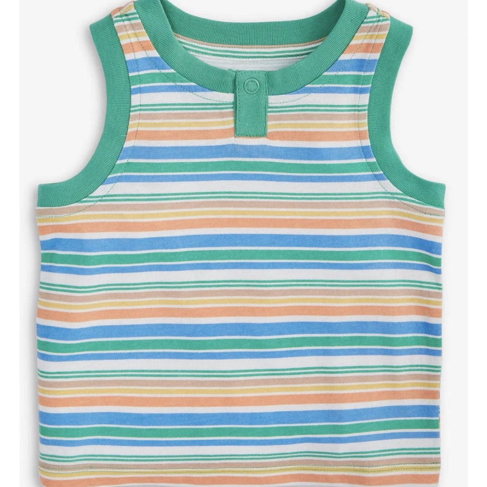 A sleeveless baby tank top with horizontal stripes in green, blue, orange, and white, featuring a solid green crew neck and armholes.