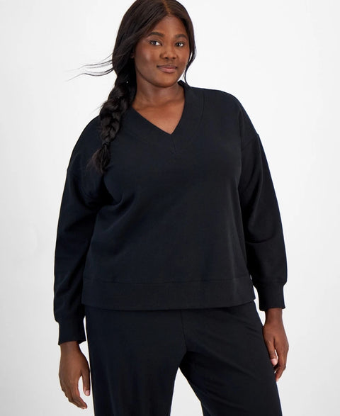 Id Ideology Women's Black Plus Size Fleece V-Neck Sweatshirt | Id Ideology In Lebanon