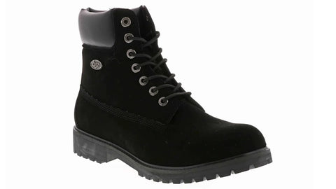 Black boot with gray lining on a white background