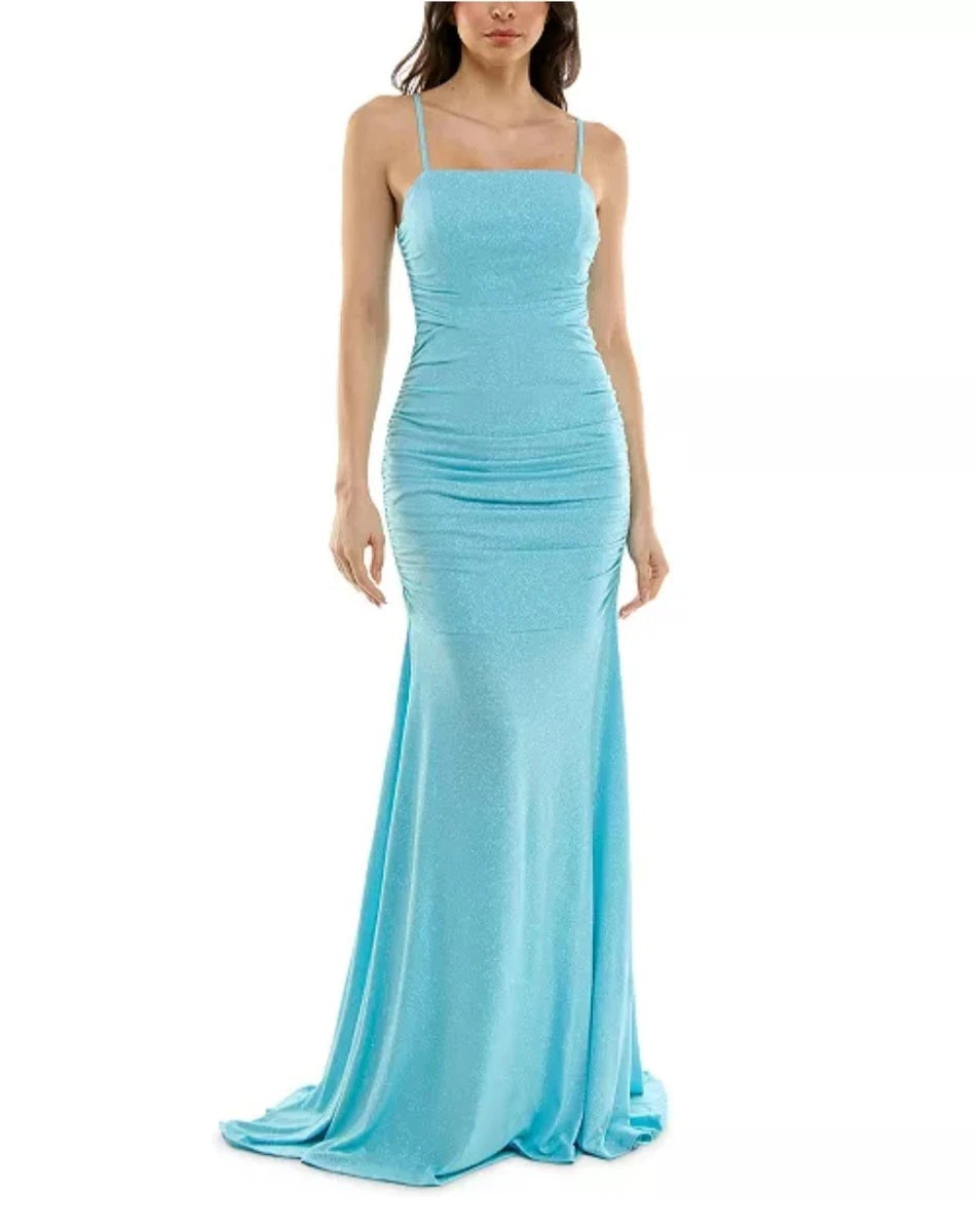 Katia Rae Women’s Aqua Sparkle Knit Ruched Mermaid Gown | Katia Rae in Lebanon