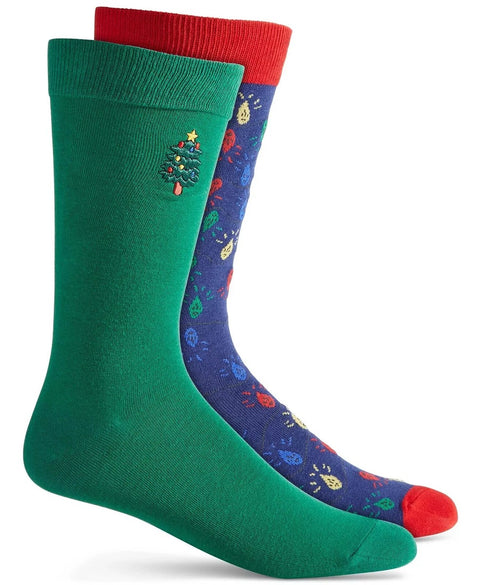 Two pairs of socks, one green with a Christmas tree design and one blue with festive patterns, on a white background.