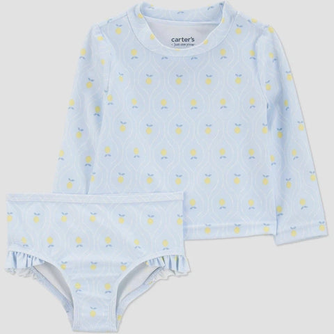 Baby outfit with long-sleeve shirt and diaper cover in light blue with yellow patterns on a white background.