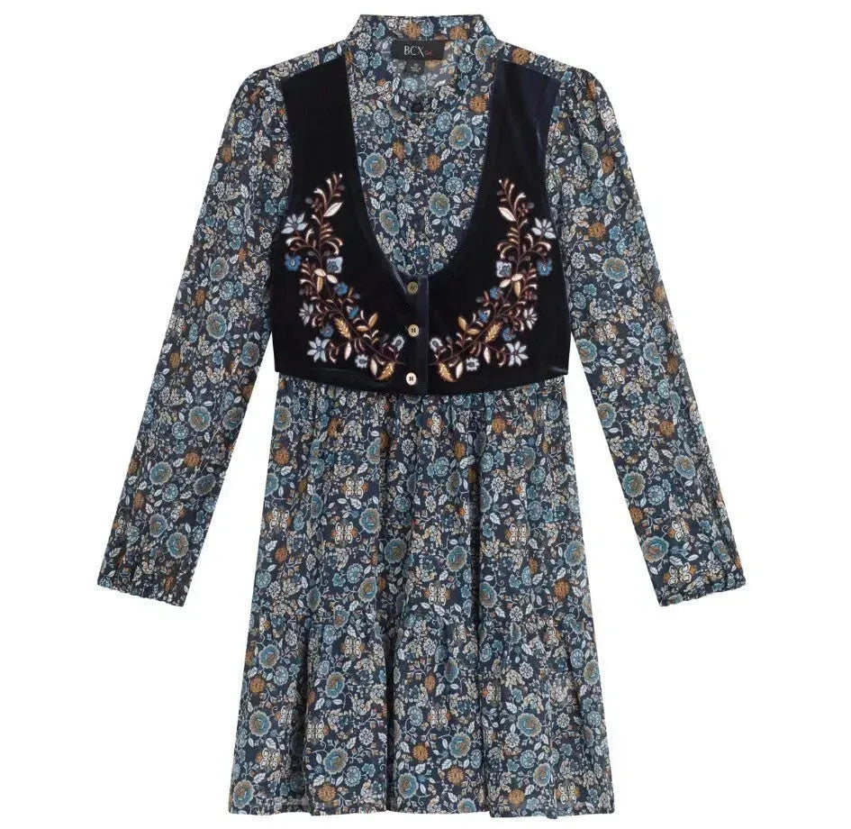 Speechless Girl's Navy Shiffon Embroidered Velvet Faux Vest Dress|Speechless In Lebanon