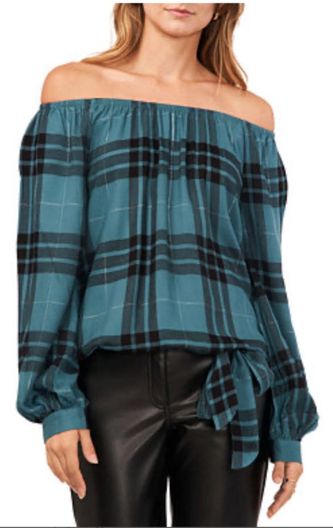 Vince Camuto Women's Deep Forest Metallic Plaid Off the Shoulder Top | Vince Camuto In Lebanon