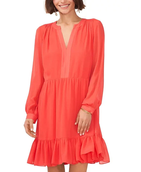 Vince Camuto Women's Coral Long Sleeve Split Neck Ruffle Hem Dress|Vince Camuto In Lebanon