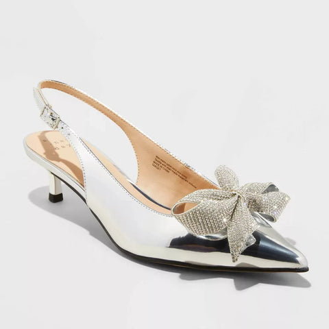 A New Day Women's Silver Priscilla Rhinestone Bow Slingback Kitten Heels | A New Day In Lebanon