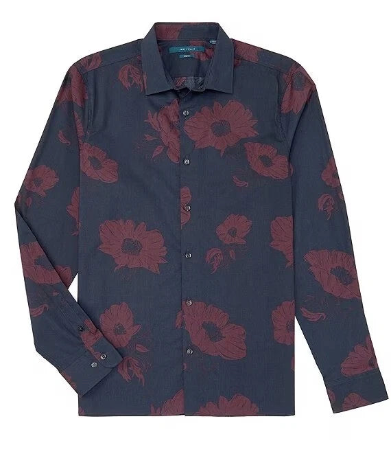 Perry Ellis Men's Navy & Plum Stretch Large Floral Print Woven Shirt | Perry Ellis In Lebanon