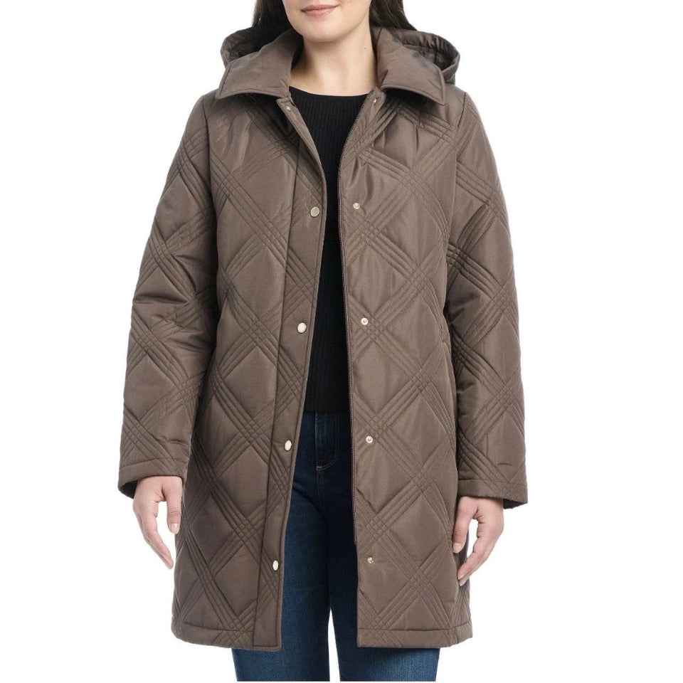 Jones New York Women's Brown Quilted Hooded Jacket
