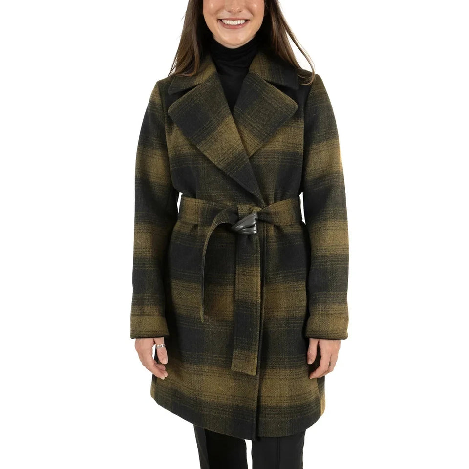 Frye Women's Black Plaid Belted Wool-Blend Coat