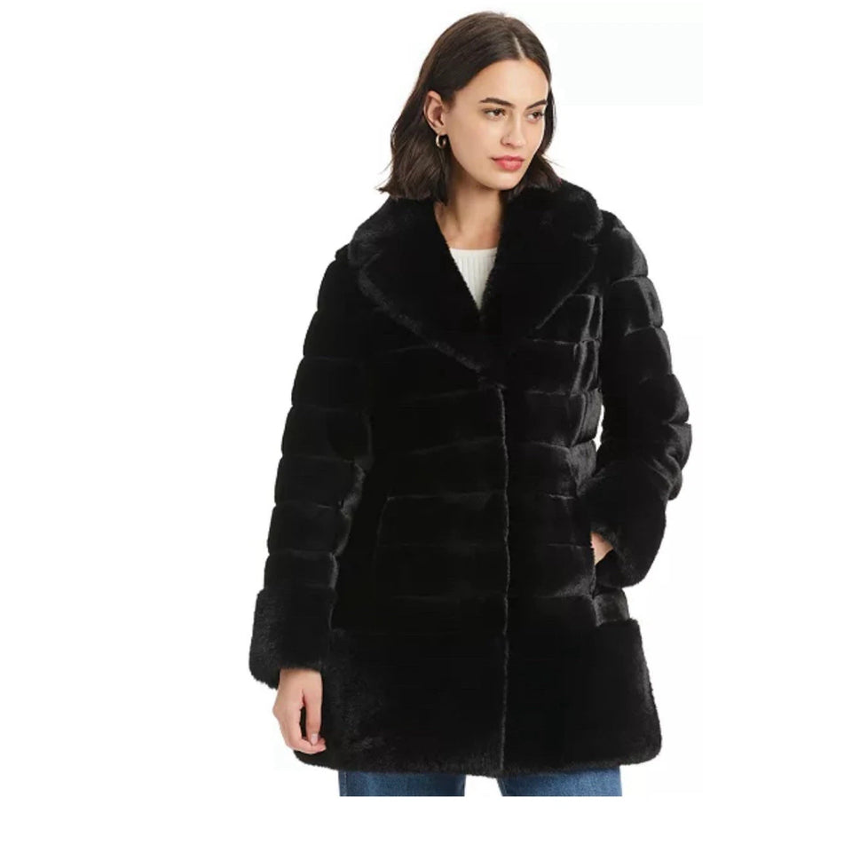 Jones New York Women's Black Faux Fur Lapel Coat
