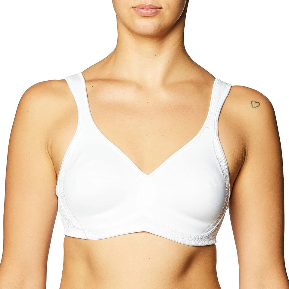A woman wearing a white wireless bra with a V-neckline and wide shoulder straps, shown from the nose down against a plain white background.