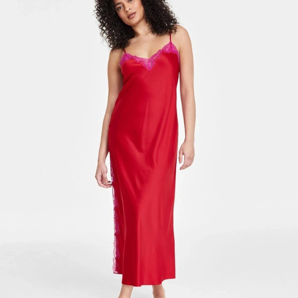 INC International Concepts Women's Red Lace-Trim Satin Sleepdress