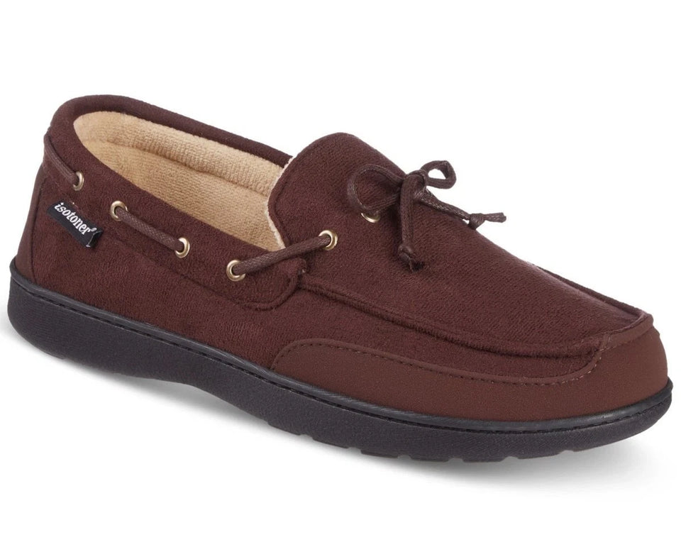 Isotoner Men's Brown Water-Repellent Carter Microsuede Moccasin Slipper