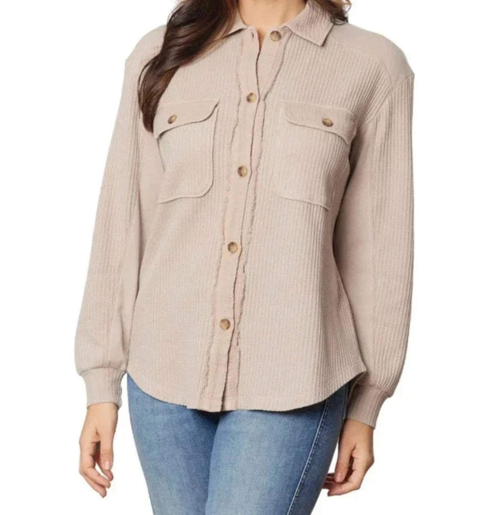 Briggs Women's Tan Waffle Button-Front Long Sleeves Pockets Shirt