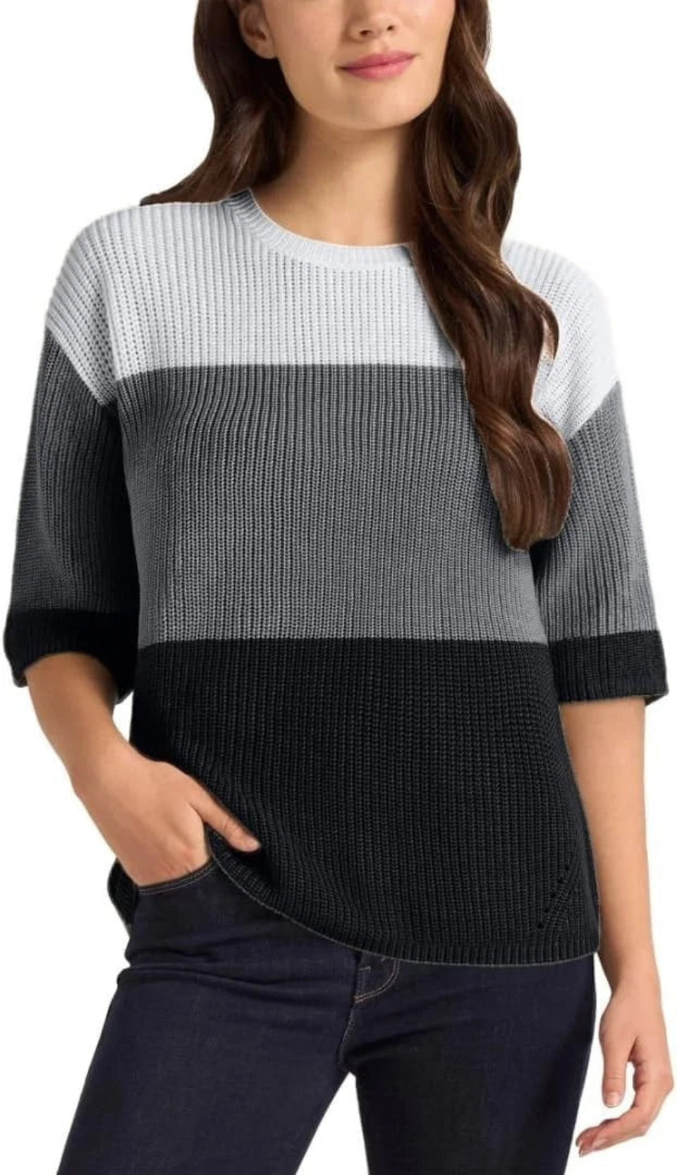 Matty M Women's Black & White Elbow Sleeve Colorblock Drop Shoulder Sweater