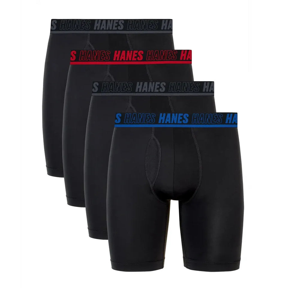 Hanes Men's Black Anti-Chafe Long Leg 4-Pack Boxer
