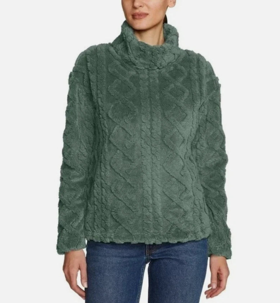 Eddie Bauer Women's Dark Green Ultrasoft Cable Fleece Pullover Sweater