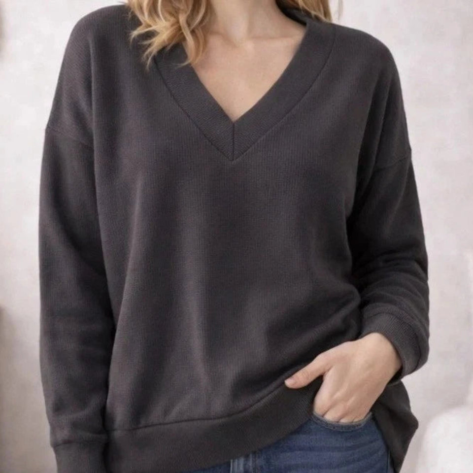 Felina Women's Dark Gray Ribbed Long Sleeve V-Neck Sweater