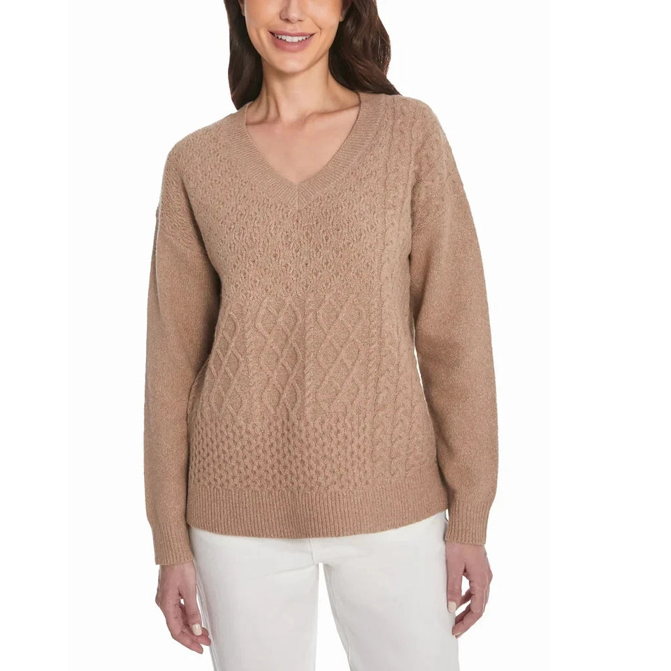 Frye Women's Tan Patchwork V-Neck Sweater