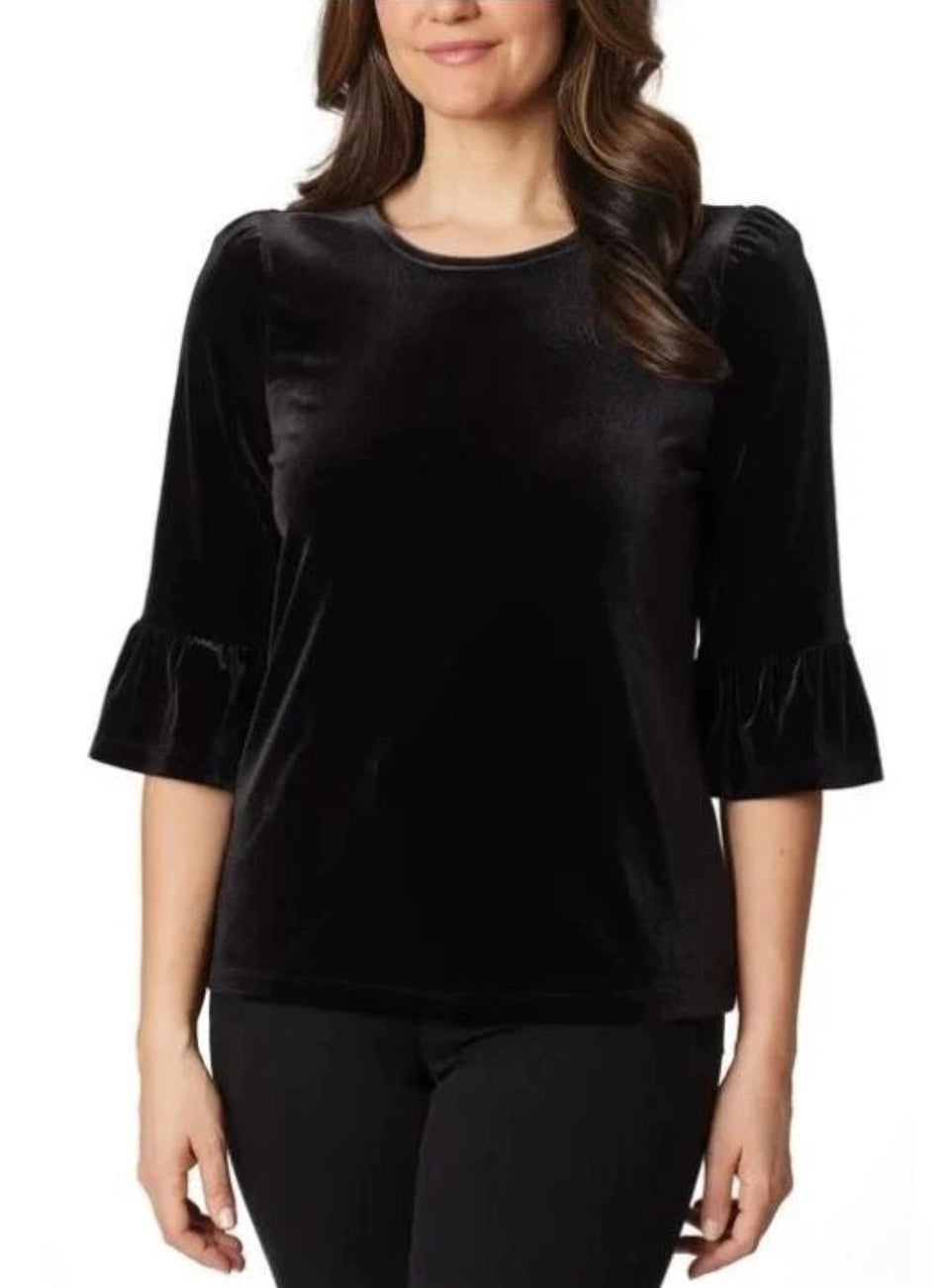 Briggs Women's Black Velvet Crewneck Elbow Flounce Sleeve Blouse