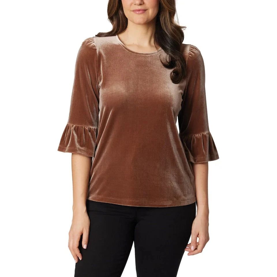 Briggs Women's Brown Velvet Crewneck Elbow Flounce Sleeve Blouse