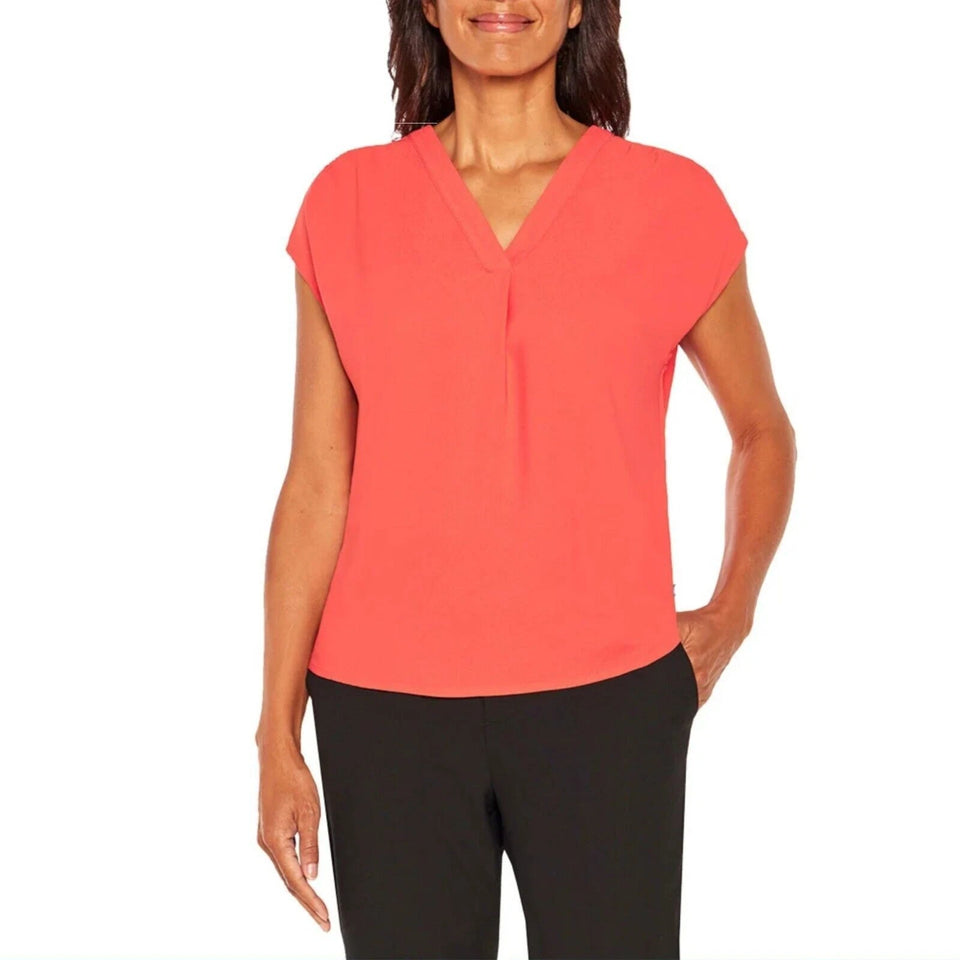 Banana Republic Women's Bright Coral V-Neck Front Pleat Relaxed Fit Blouse